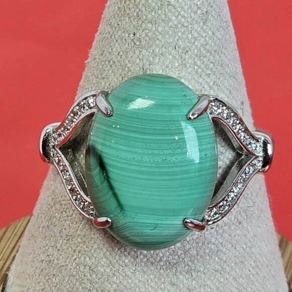 925 Sterling Silver Ring Sz 8.5 with Natural Malachite & CZ - Picture 12 of 15